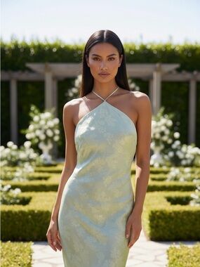 Elegant Halter Neck Satin Dress in Pale Green